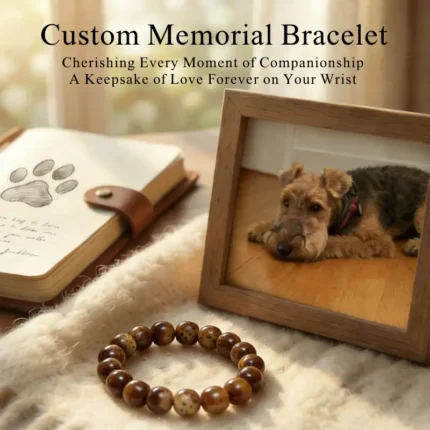 Personalized terriers dog memorial bracelet with natural stone beads, a keepsake to remember your beloved pet.