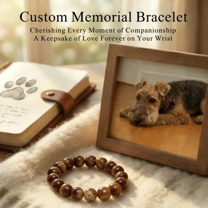 dog-pet-memorial-braceletyellow-terriers-002 Personalized terriers dog memorial bracelet with natural stone beads, a keepsake to remember your beloved pet.