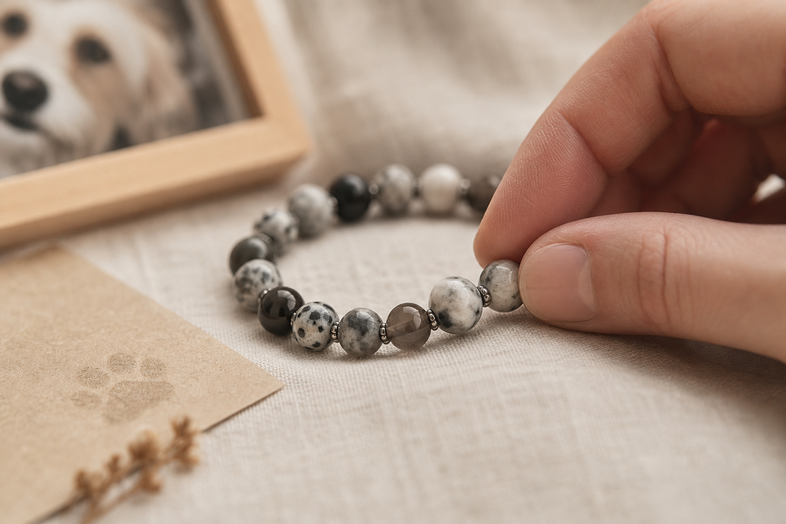 Hand touching a pet memorial bracelet bead as a quiet remembrance ritual