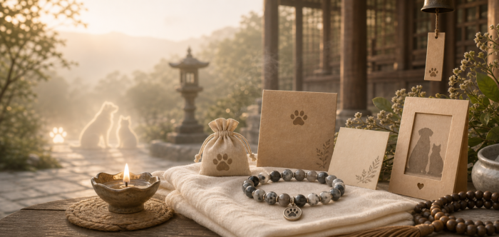 Rainbow-paw wide homepage temple blessing hero Temple-blessed pet remembrance gift set in quiet warm light