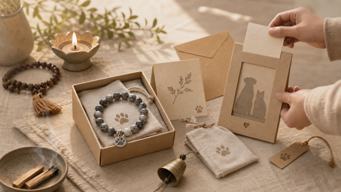 Rainbow-paw warm ritual story banner Pet remembrance bracelet, memory frame and keepsake cards arranged for a quiet ritual