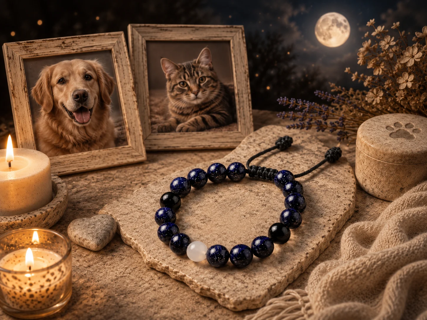 Pet memorial bracelet set with memory frames and quiet remembrance objects