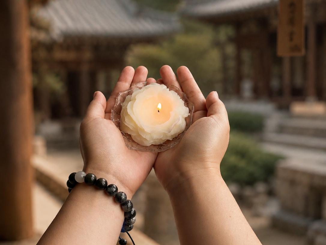 Hands holding a candle during a monthly pet remembrance