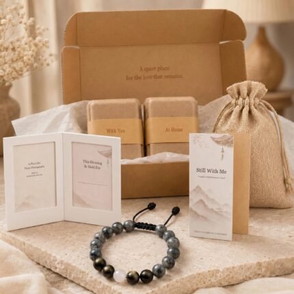 Never Just a Pet gray stone pet memorial bracelet set with simple warm packaging, memory frames, remembrance card, linen pouch, and return bead