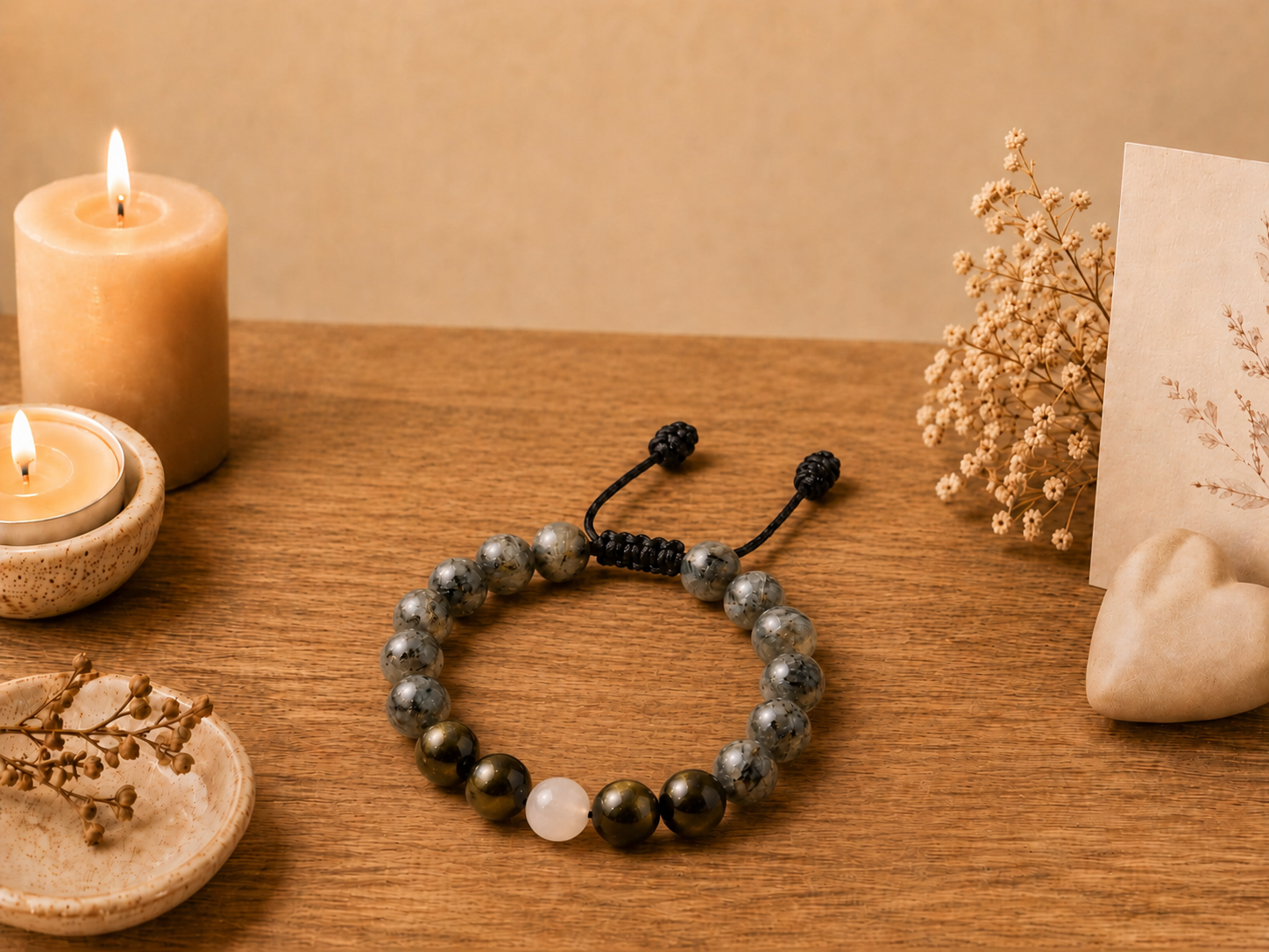 Never Just a Pet gray stone remembrance bracelet with Moonstone Return Bead and Gold Sheen Obsidian, shown as part of the pet memorial set