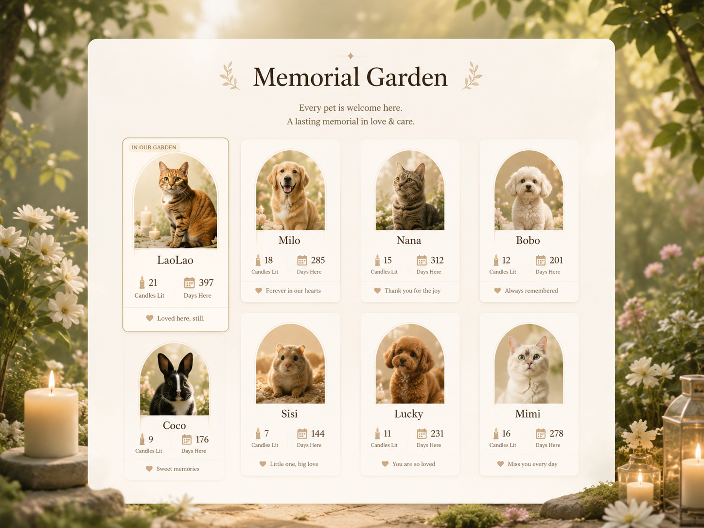 Memorial Garden community honoring beloved pets with remembrance cards and candles