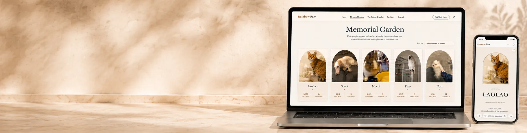 Rainbow Paw Memorial Garden shown on a laptop and phone beside LaoLao's memorial portrait