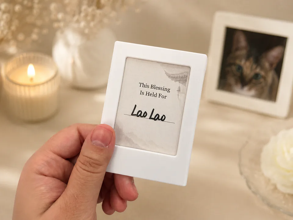 Hand holding a remembrance card with LaoLao's name beside a candle and optional photograph