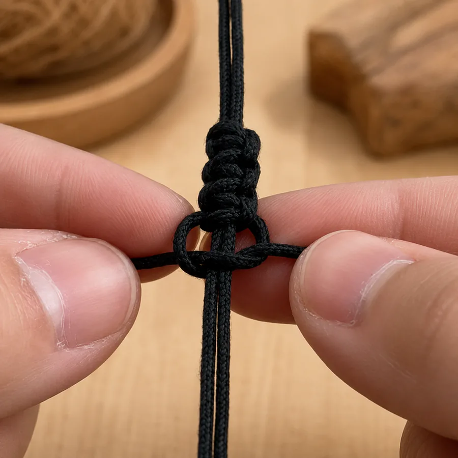 Adjustable bracelet knot being carefully finished by hand for comfort and security