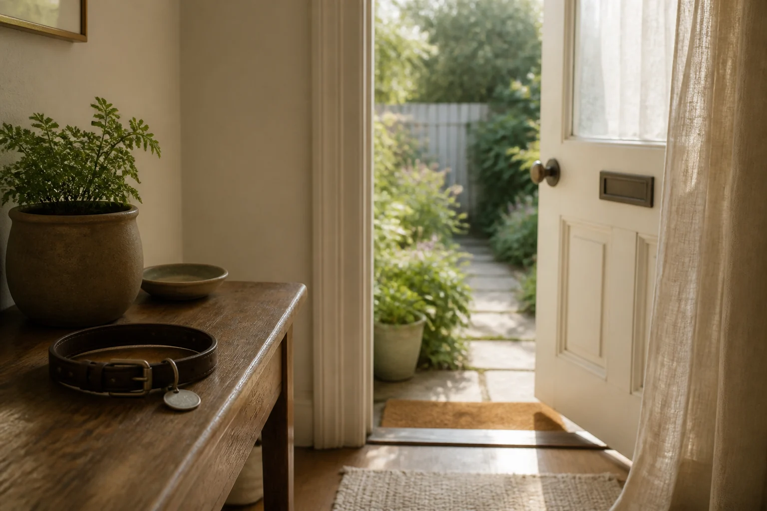 A pet collar beside an open doorway leading into a softly lit morning garden