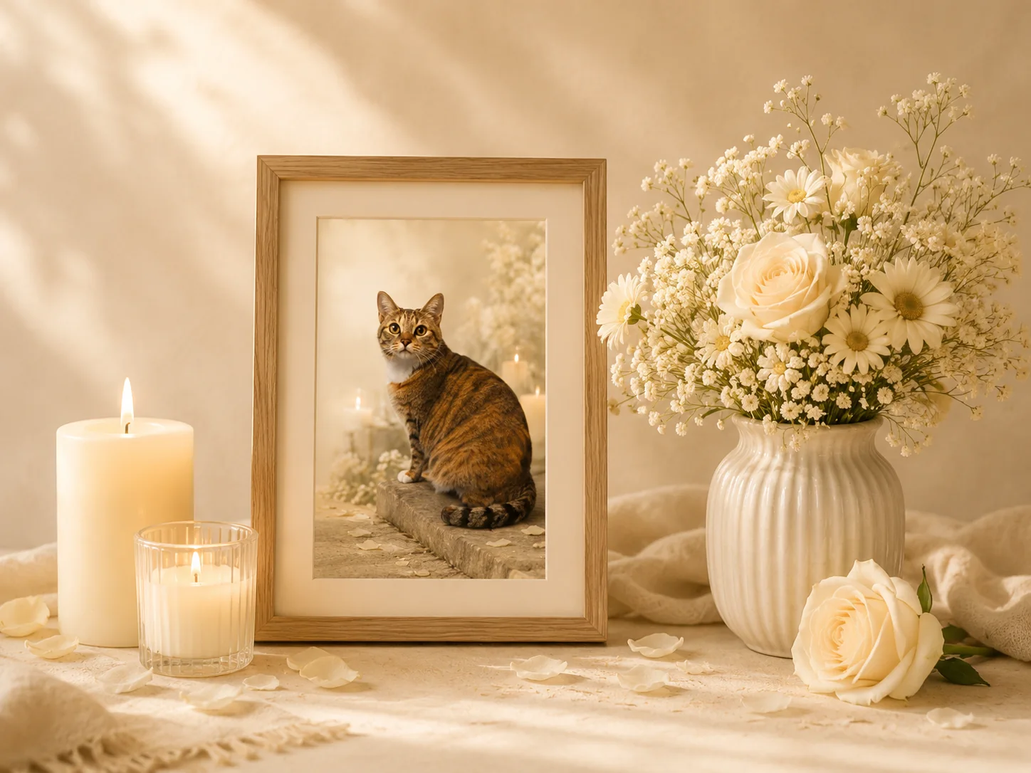 A quiet memorial space with a framed photograph of LaoLao