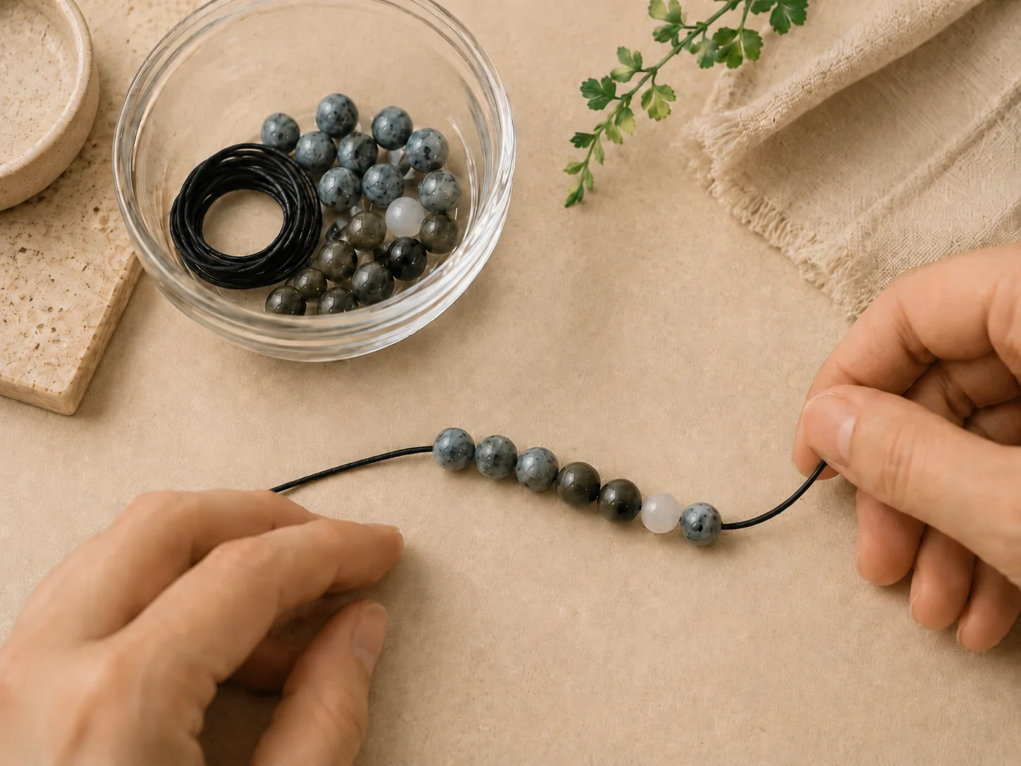 Hands threading a memorial bracelet with beads and materials on a work surface